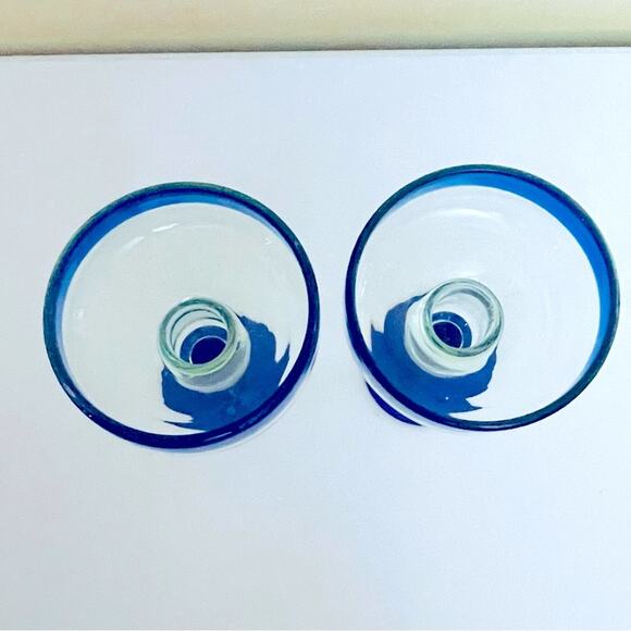 Vintage 2 Hand Blown Clear Cobalt Blue Margarita Glasses Bar Accessories - Picture 3 of 6